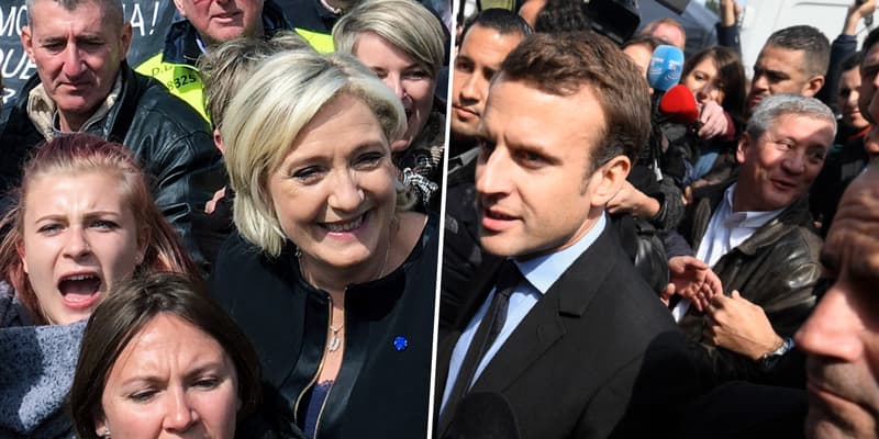 Marine Le Pen et Emmanuel Macron sur le site de Whirlpool à Amiens (Somme), le 26 avril 2017.