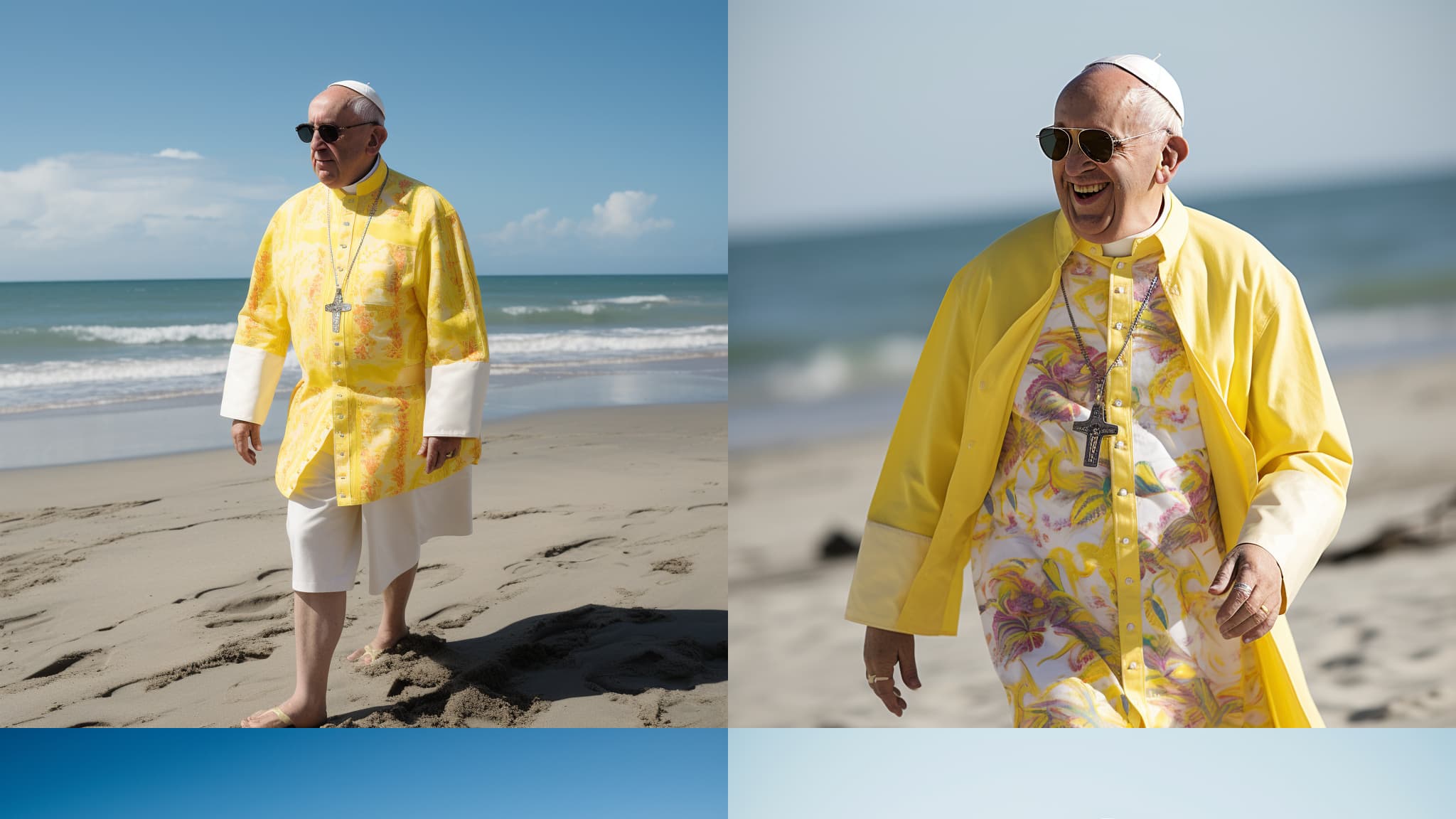 Des images générées par Midjourney représentant "le pape François à la plage en chemise hawaïenne"