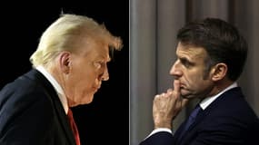 Le président américain Donald Trump à la base aéronavale de la Nouvelle-Orléans, en Louisiane, le 9 février 2025, et le président français Emmanuel Macron à Paris, le 13 février 2025.