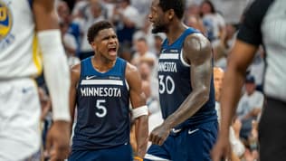 La joie d'Anthony Edwards lors de la victoire de Minnesota sur Golden State (121-110, play-offs NBA), le 14 mai 2025