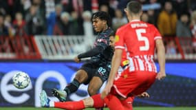 Micah Hamilton marquant son premier but pour Manchester City, à Belgrade le 13 décembre 2023