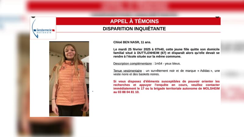 Une fille de 11 ans, nommée Chloé Ben Nasr, a disparu depuis ce mardi 25 février dans la commune de Duttlenheim. 