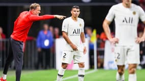 Thiago Silva à côté de Thomas Tuchel lors de Rennes-PSG, le 18 août 2019