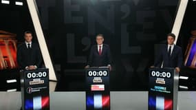 Le premier secrétaire du Parti socialiste Olivier Faure, le président Rassemblement national Jordan Bardella et le Premier ministre Gabriel Attal lors d'un débat diffusé sur France 2, le 27 juin 2024.