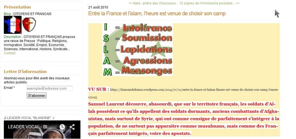 Un post du blog partagé par Martine Rousseau se montre ouvertement islamophobe.