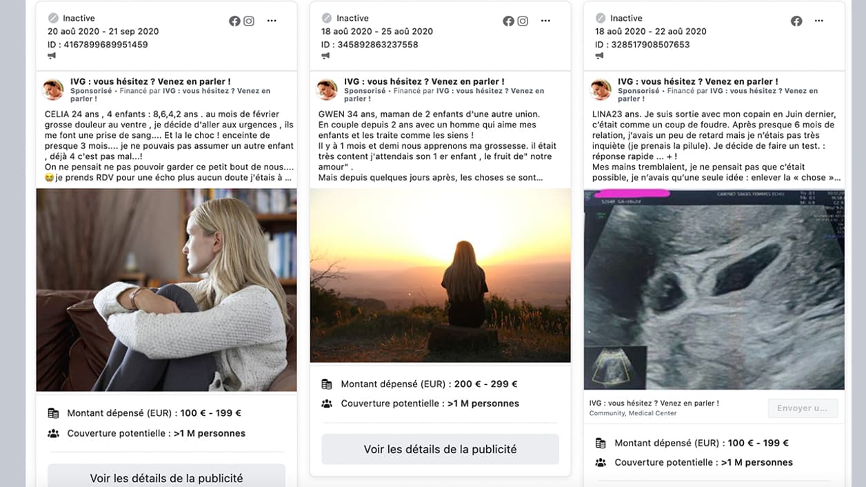 Capture d'écran de la bibliothèque publicitaire de Facebook