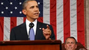 Barack Obama s'adressant au Congrès américain, sous les yeux du président de la Chambre des représentants, John Boehner. Le président américain a dévoilé jeudi un plan de 447 milliards de dollars pour redresser l'économie américaine, soutenir l'emploi et