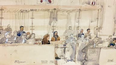 Un croquis d'audience pendant le procès Samuel Paty à Paris, le 4 novembre 2024.