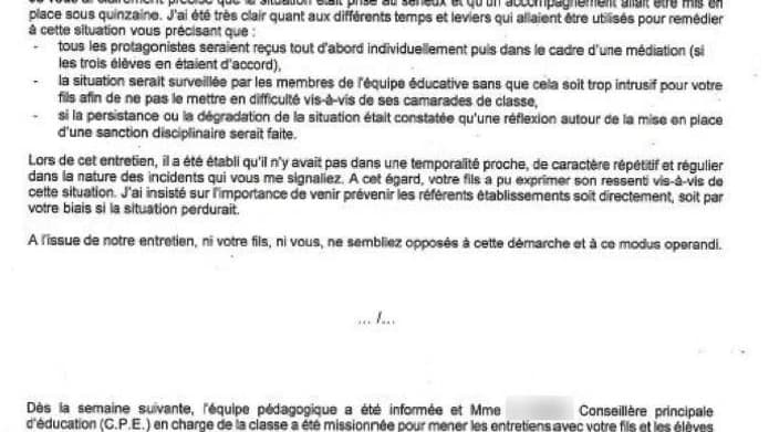 La lettre du proviseur, datée de mai 2023, aux parents de l'élève qui s'est suicidé à Poissy (Yvelines) début septembre 2023.