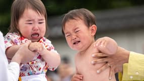 Des enfants tenus par leurs parents débutent leur match de "Baby-cry Sumo", un festival très populaire au Japon, au temple Sensoji de Tokyo le 22 avril 2023.