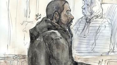 Dessin d'audience de Peter Chérif, à la barre du tribunal de Paris en janvier 2011.