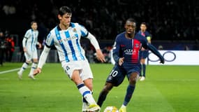 Robin Le Normand et Ousmane Dembélé lors de PSG-Real Sociedad, le 14 février 2024.