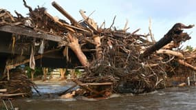 Un pont de Bad Neuenahr-Ahrweiler (ouest de l'Allemagne), détruit par les intempéries et bloqué par des arbres, le 17 juillet 2021