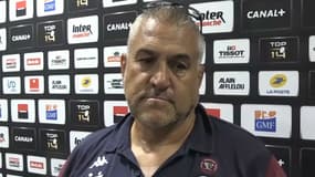 Christophe Urios en zone mixte après l'élimination de l'UBB en demi-finale, le 18 juin 2022