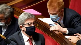 Jean-Luc Mélenchon et Adrien Quatennens le 13 octobre 2020 à l'Assemblée nationale à Paris 