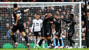 La joie d'Arsenal après la victoire sur le terrain de Fulham (0-3), le 12 mars 2023