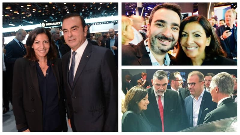 Anne Hidalgo au Mondial de l'Auto 2018 avec Carlos Ghosn, patron de l'alliance Renault-Nissan, Pierre Chasseray, délégué général de l'association 40 Millions d'automobiliste et des dirigeants du groupe PSA.