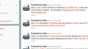 Les tweets du compte "Présidence Mali" présentant les détails du déplacement de François Hollande sont désormais indisponibles.