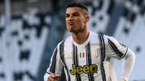 La joie de l'attaquant portugais de la Juventus Turin, Cristiano Ronaldo, après avoir ouvert le score contre Naples, lors de leur match de Série A, le 7 avril 2021 à Turin  