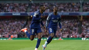 Ousmane Dembélé célèbre son but lors du match Arsenal-PSG (0-1, Ligue des champions), le 29 avril 2025