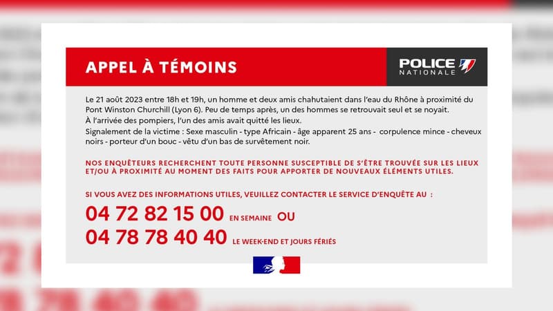 La police nationale du Rhône a lancé un appel à témoin ce jeudi après une noyade dans le Rhône à Lyon, le 21 août 2023.