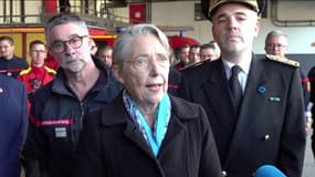 Élisabeth Borne lors d'un point presse après le passage de la tempête Ciaran à Caen dans le Calvados le vendredi 3 novembre 