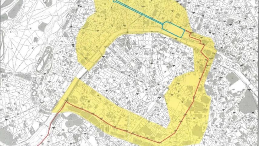 Le périmètre défini par la préfecture de Police de Paris où il sera interdit de manifester dimanche 23 juillet à l'occasion du passage du Tour de France à Paris. 