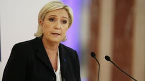 Marine Le Pen lors d'une conférence sur le terrorisme à Paris, le 10 avril 2017