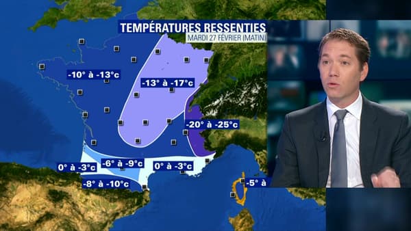 Jusqu'à -25 degrés sont attendus mardi en température ressentie. Jusqu'à -25 degrés sont attendus mardi en température ressentie.