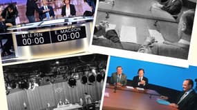 Des images d'archives des débats d'entre-deux tours d'élection présidentielle en 2017 (en haut à gauche), en 1974 (en haut à droite et en bas à gauche) et en 1995 (en bas à droite).