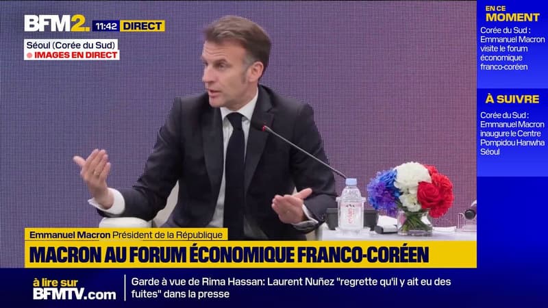 Économie: "Nos amis américains m'ont donné un argument de vente inédit: nous sommes prévisibles", lance Emmanuel Macron à un forum économique franco-coréen à Séoul