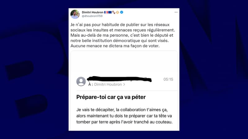Dimitri Houbron, député du Nord, a publié ce mercredi matin sur Twitter, la menace de mort reçue par mail.