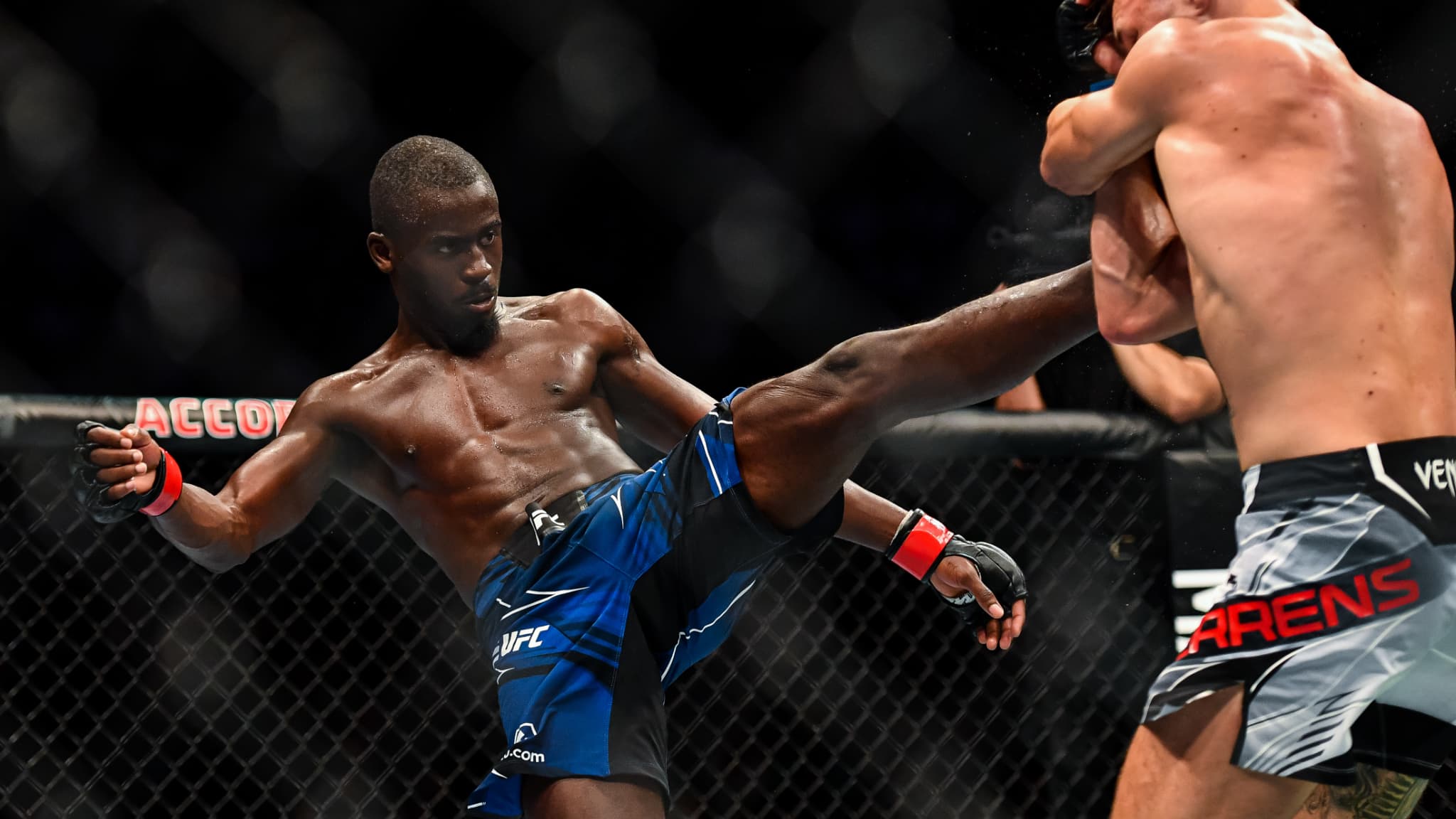 Willia&ms Gomis (de face) lors de son combat contre Jarno Errens à l'UFC Paris en septembre 2022 Willia&ms Gomis (de face) lors de son combat contre Jarno Errens à l'UFC Paris en septembre 2022