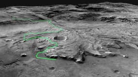 L'un des trajets envisagés par la Nasa pour le rover Perseverance sur Mars, dans le cratère de Jezero dont les scientifiques pensent qu'il contenait autrefois un lac
