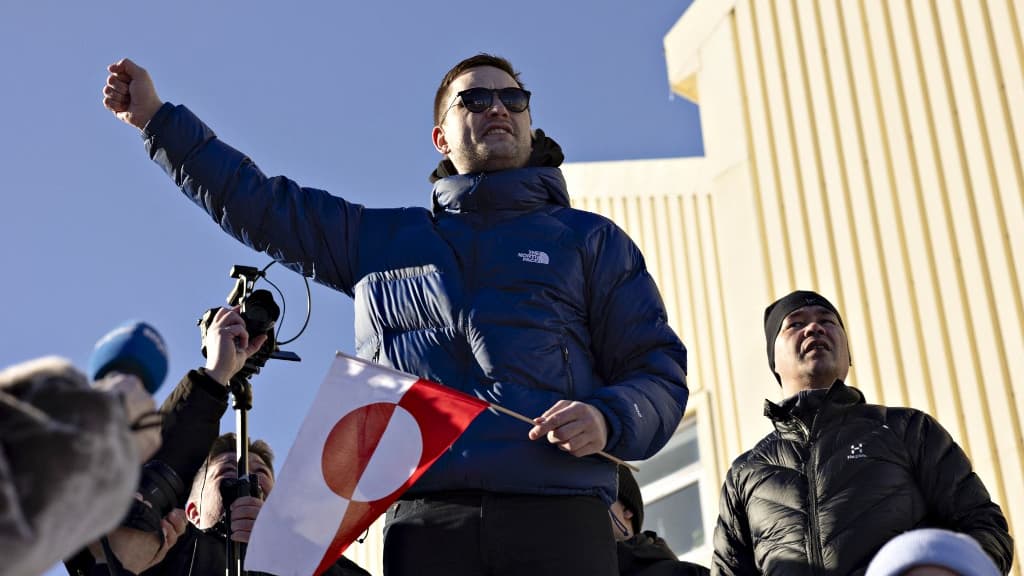 Jens-Frederik Nielsen le Premier ministre du Groenland lors d'une manifestation le 15 mars 2025