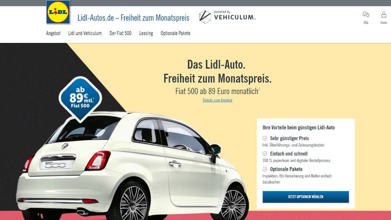 Sur le site internet de Lidl, l'offre de leasing sur une Fiat 500 démarre à 89 euros par mois.