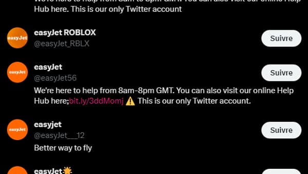 De faux comptes easyJet sur Twitter / X. 