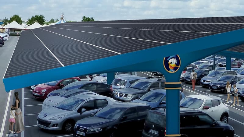 Disneyland Paris déploiera sur 17 hectares de places de stationnement des ombrières photovoltaïques, sortes d'auvents recouverts de 67.500 panneaux solaires.