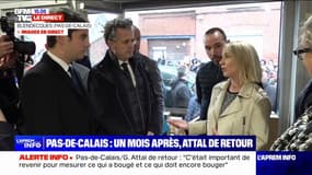 En déplacement à Blendecques, dans le Pas-de-Calais, Gabriel Attal et Christophe Béchu échangent avec des commerçants sinistrés