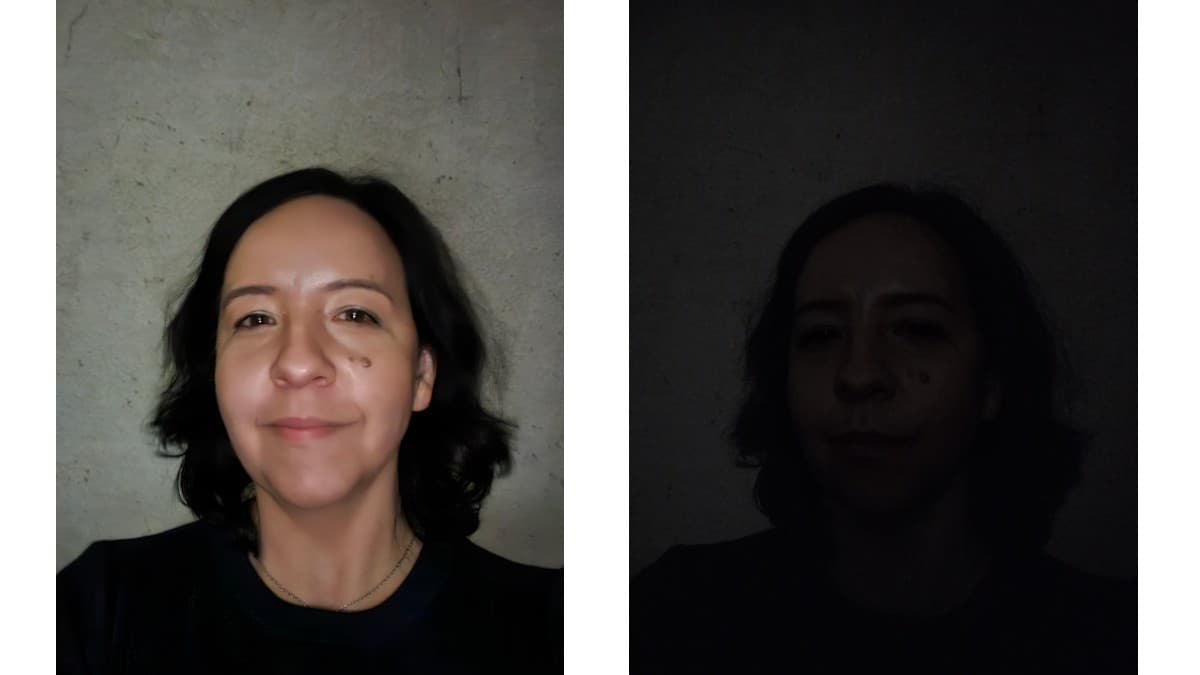 Photo selfie en mode portrait avec le mode nuit (G) et sans le mode nuit (D) Photo selfie en mode portrait avec le mode nuit (G) et sans le mode nuit (D)