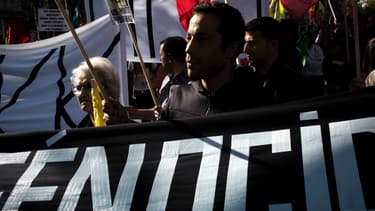 Une manifestation contre l'Etat islamique (EI) en Irak et en soutien aux populations irakiennes persécutées par l'EI, le 23 août 2014 à l'ONU.