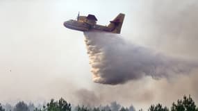 Un avion Canadair de lutte contre les incendies déverse de l'eau sur un feu de forêt à Landiras, dans le sud-ouest de la France, le 13 juillet 2022.
