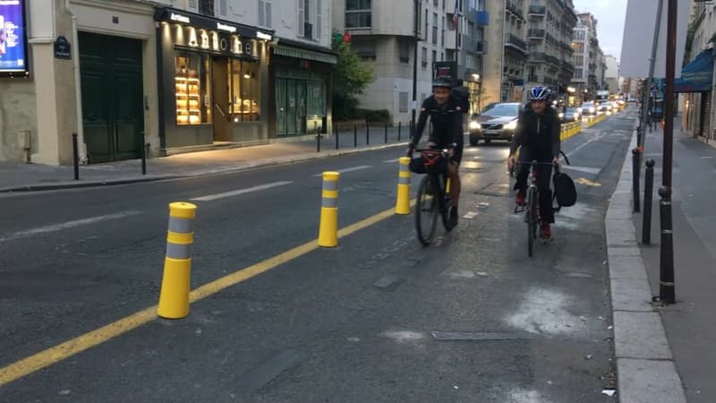 Des cyclistes traversent la rue de Vaugirard, à Paris