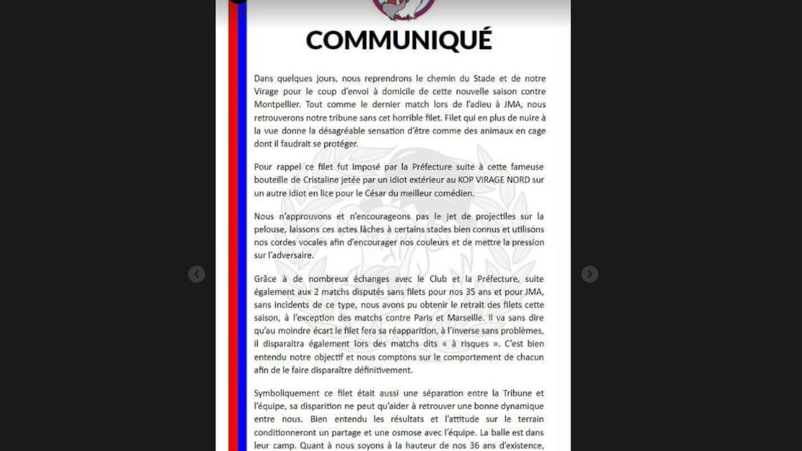 Le communiqué du Kop Virage Nord et des Bad Gones le 4 août 2023 Le communiqué du Kop Virage Nord et des Bad Gones le 4 août 2023