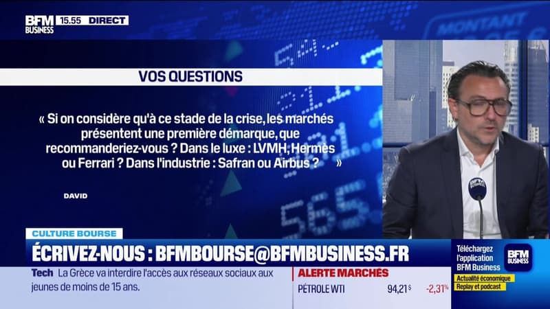 Culture Bourse : "Si on considère qu'à ce stade de la crise, les marchés présentent une première démarque, que recommanderiez-vous ? Dans le luxe : LVMH, Hermès ou Ferrari ? Dans l'industrie : Safran ou Airbus ?", par Juie Cohen-Heurton - 08/04