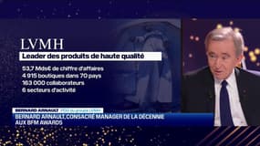 "Ce qui compte énormément, c'est la qualité des produits, de ce que les créateurs nous permettent de réaliser": Bernard Arnault, consacré manager de la décennie aux BFM Award 