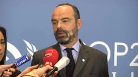 Le Premier ministre, Edouard Philippe, s'exprimant sur les intempéries dans le sud-est de la France, lors de la COP 25 à Madrid (Espagne), le 2 décembre 2019.
