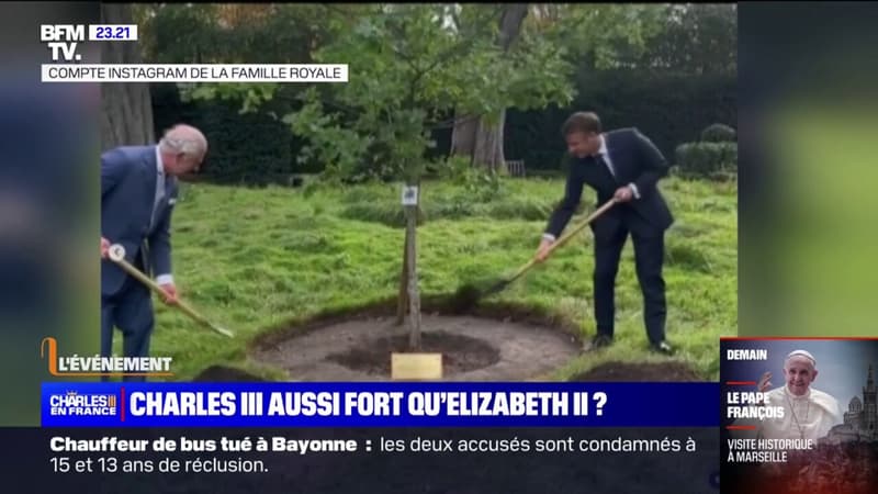 Visite de Charles III: les images de la plantation d'un arbre par le roi et Emmanuel Macron à l'ambassade du Royaume-Uni ce mercredi