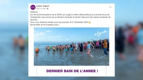 Le dernier bain de l'année du Tréport (Seine-Maritime), prévu ce dimanche 31 décembre 2023 à 11h, a été annulé à cause de la météo.