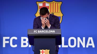Lionel Messi lors de sa dernière conférence de presse avec le Barça, le 08/08/2021
